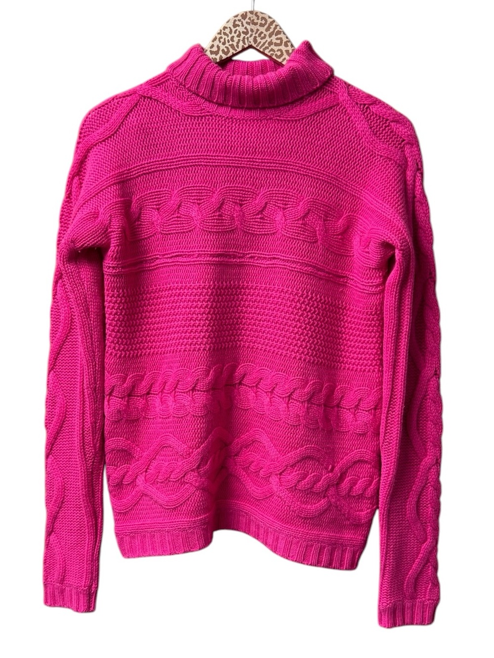 Garnet Hill 100% Cashmere Cable Knit Sweater Womens Turtleneck Hot Pink Large